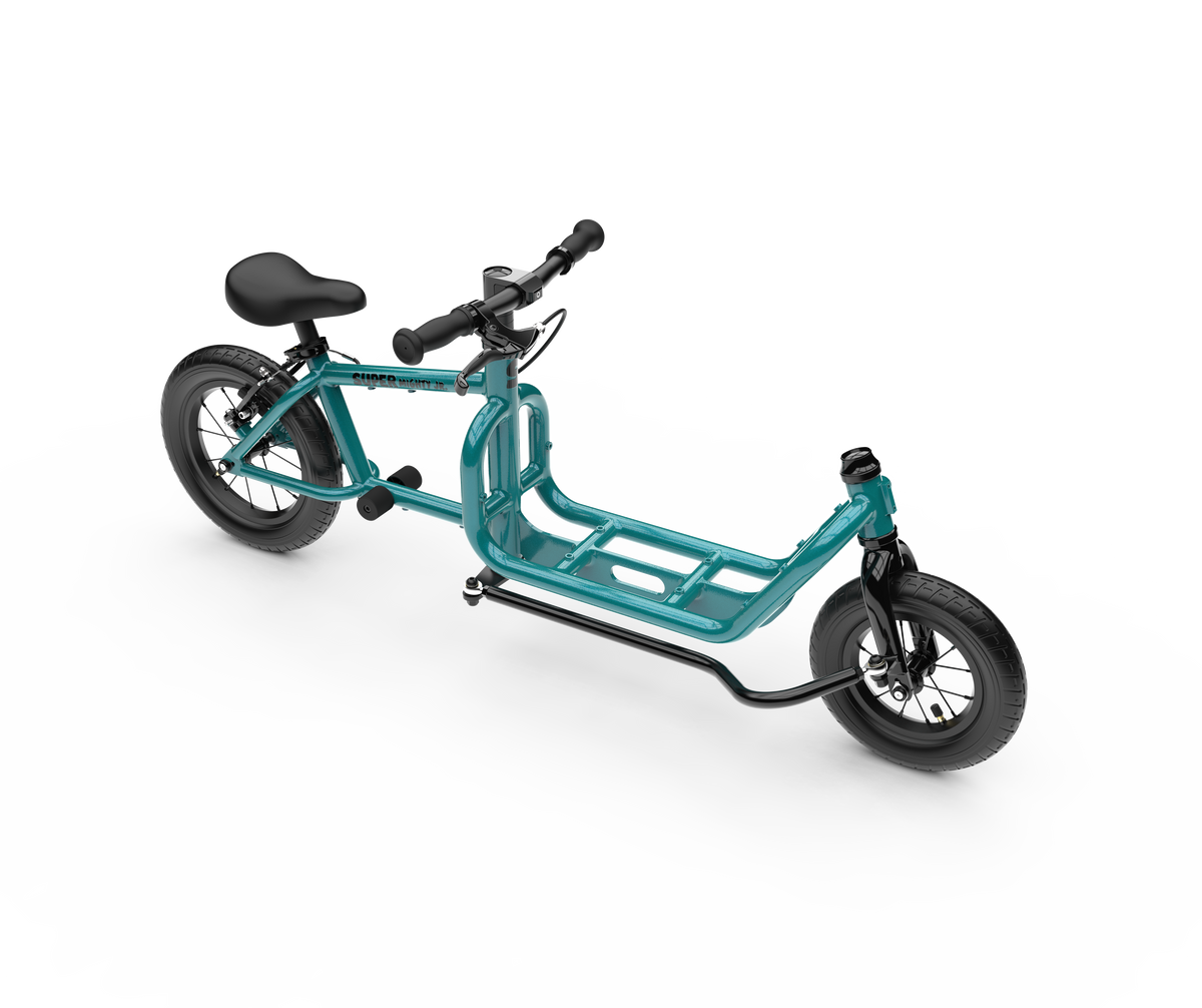 SUPER Mighty Junior Kinderlastenlaufrad in Blaugrün Metallic, Frontansicht