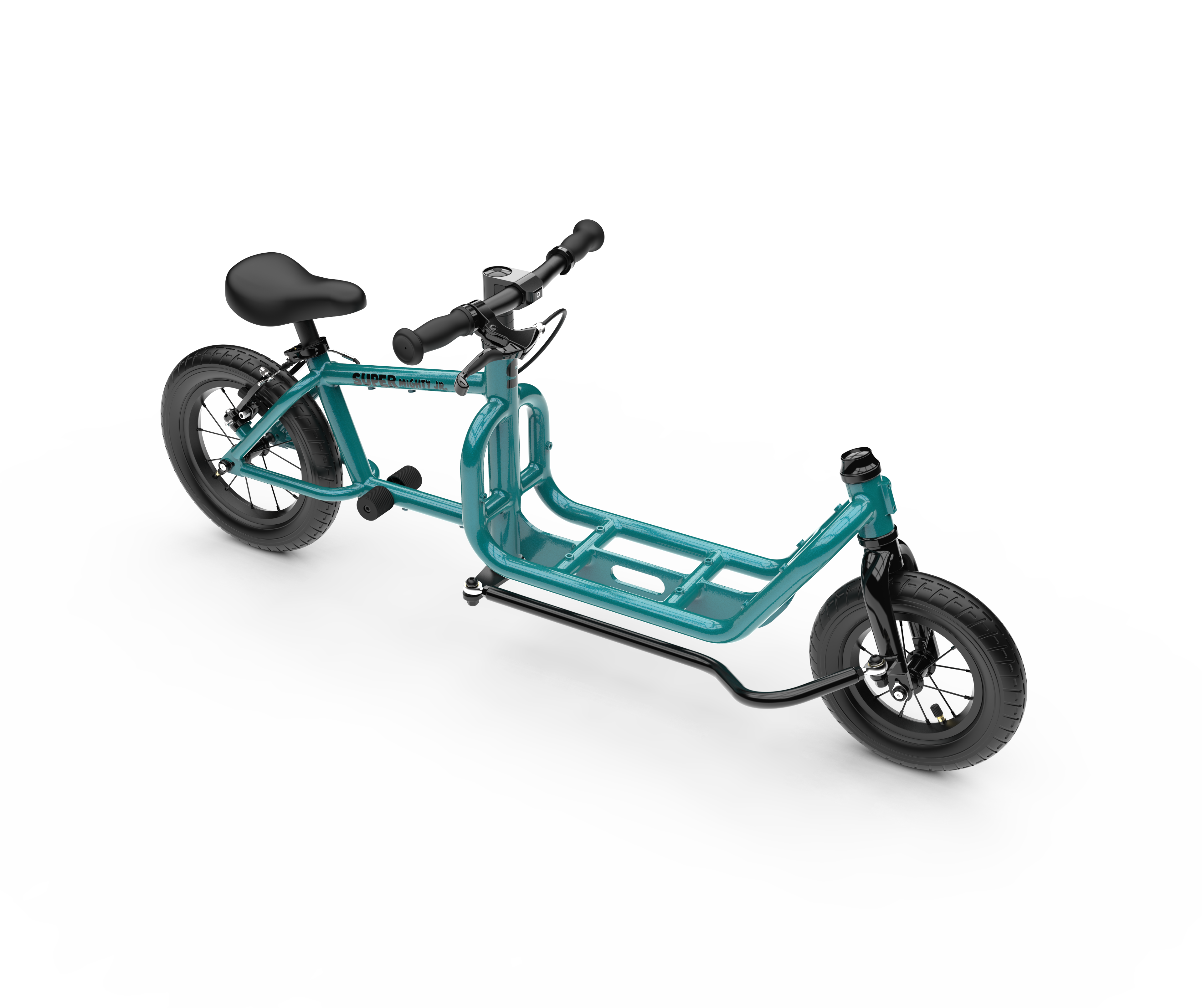SUPER Mighty Junior Kinderlastenlaufrad in Blaugrün Metallic, Frontansicht